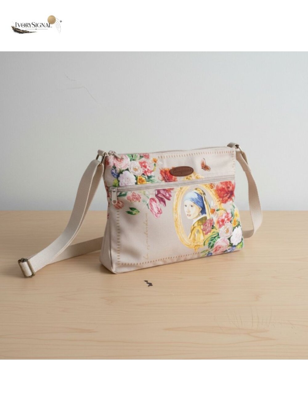 Cotton Canvas Crossbody Shoulder Bag Floral Print Zip Pockets